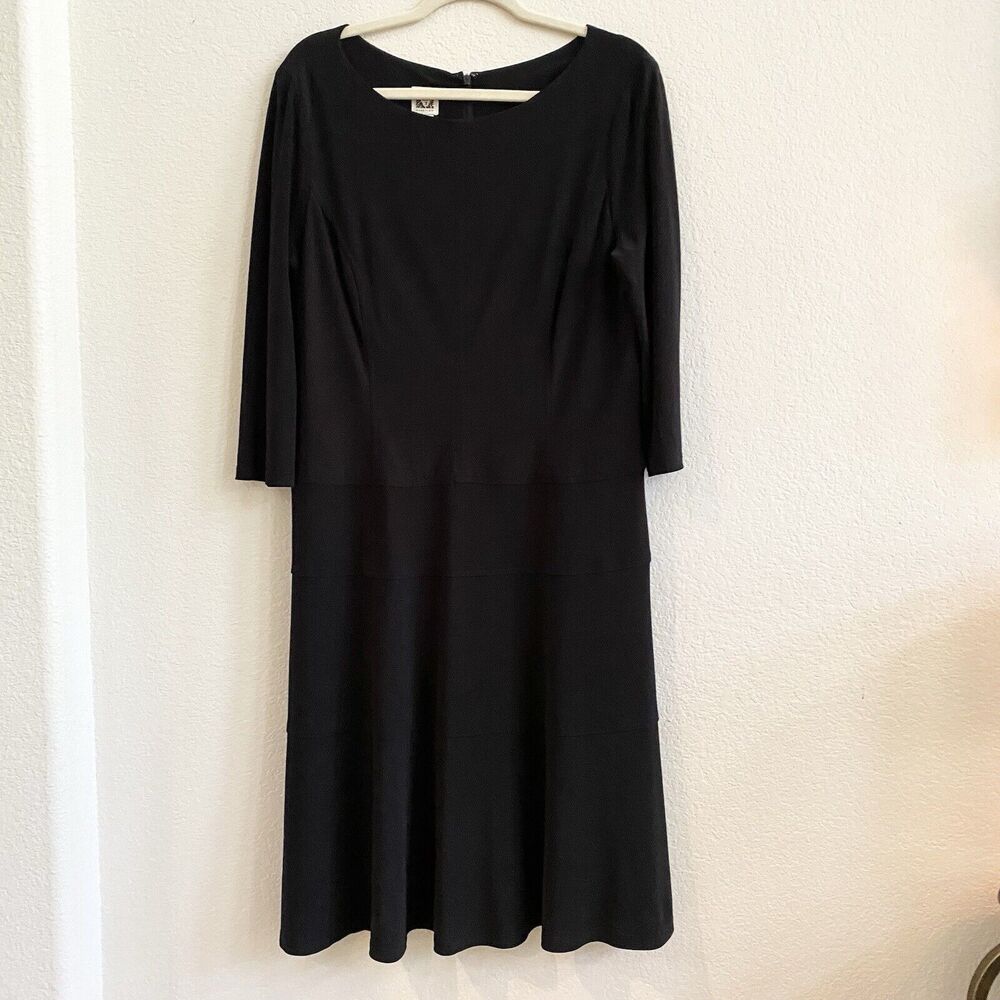 Anne Klein A-Line Dress Women's 10 Black Stretch 3/4 Sleeve Zipper Back Career